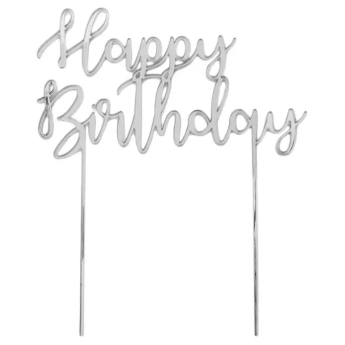 Topper Happy Birthday acrílico plateado efecto espejo 17 cm