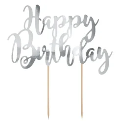 Topper Happy Birthday plateado 20 cm - PartyDeco