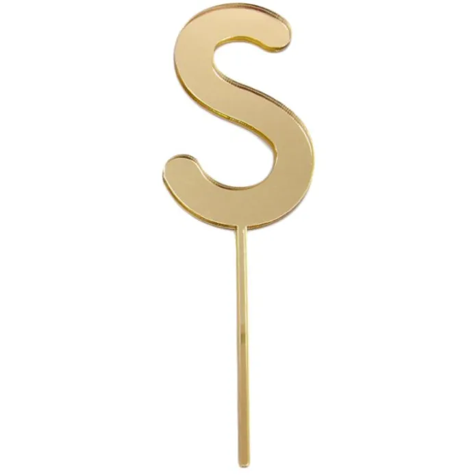 Topper letra "S" acrílica dorada efecto espejo 8 cm
