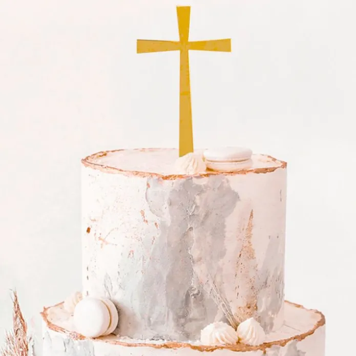 Topper para tartas dorado cruz comunión ancha 6,5 cm