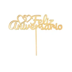 Topper para tartas dorado Feliz Aniversario con corazones 12 cm