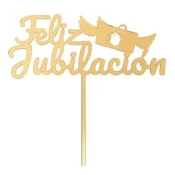 Topper para tartas dorado Feliz Jubilación con maletín 18 cm