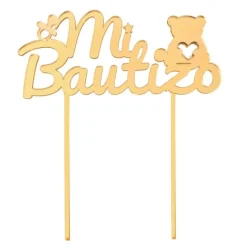 Topper para tartas dorado Mi Bautizo con osito y chupete 18 cm