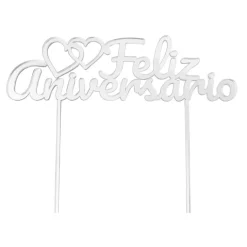 Topper para tartas plateado Feliz Aniversario con corazones 18 cm