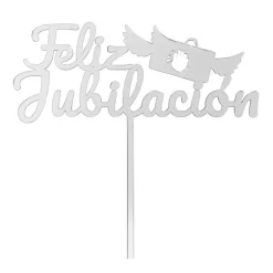 Topper para tartas plateado Feliz Jubilación con maletín 18 cm