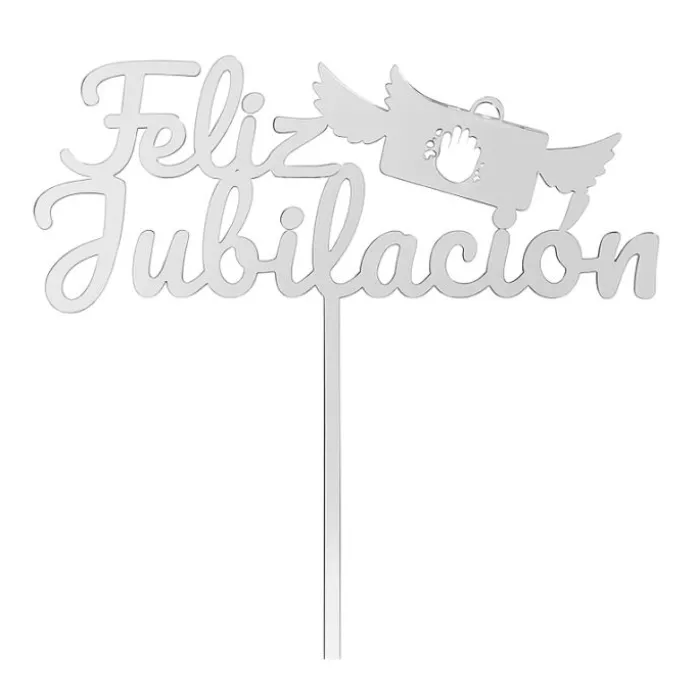 Topper para tartas plateado Feliz Jubilación con maletín 18 cm