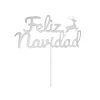 Topper para tartas plateado Feliz Navidad con reno 12 cm