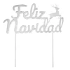 Topper para tartas plateado Feliz Navidad con reno 18 cm