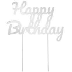 Topper para tartas plateado Happy Birthday 18 cm