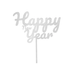 Topper para tartas plateado Happy New Year 12 cm