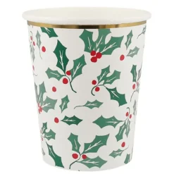 Vasos de papel acebo Navidad 250 ml (8) - Meri Meri