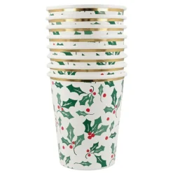 Vasos de papel acebo Navidad 250 ml (8) - Meri Meri
