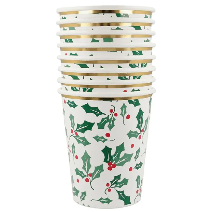 Vasos de papel acebo Navidad 250 ml (8) - Meri Meri